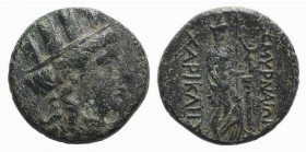 Ionia, Smyrna, c. 125-115 BC. Æ (17mm, 5.25g, 12h). Charikles, magistrate. Turreted head of Tyche r. R/ Aphrodite Stratonikis standing r., resting arm...