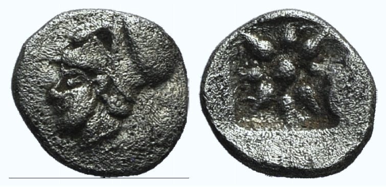 Ionia, Uncertain, 5th century BC. AR Hemiobol (8mm, 0.42g). Head l., with short ...