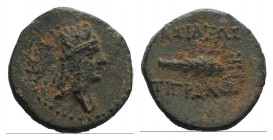 Kings of Armenia. Tigranes II (95-56). Æ (15mm, 2.43g, 3h). Head r., wearing tiara. R/ Club. Nercessian 217. Green patina, Good VF