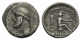 Kings of Parthia. Mithradates II (121-91 BC). AR Drachm (20mm, 3.94g, 12h). Ekbatana, c. 119-109 BC. Diademed bust r., neck torque ends in pellet. R/ ...