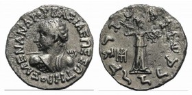 Baktria, Indo-Greek Kingdom. Menander I (c. 155-130 BC). AR Drachm (17mm, 2.31g, 1h). Diademed bust l. seen from behind, wielding spear, aegis on shou...