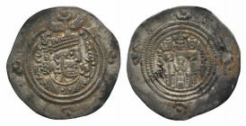 Sasanian Kings of Persia, Khusrau II (590-628). AR Drachm (31mm, 4.10g, 9h). HM (Hamadan - Ecbatana), year 27 (616/7). Crowned bust r. R/ Fire altar f...