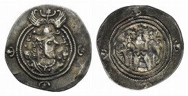 Sasanian Kings of Persia, Khusrau II (590-628). AR Drachm (29mm, 3.34g., 9h). AY, year 6 (595/6). Crowned bust r. R/ Fire altar flanked by attendants....