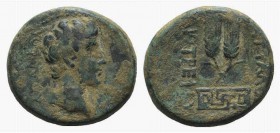 Augustus (27 BC-AD 14). Phrygia, Apamea. Æ (19mm, 5.39g, 12h). Bare head r. R/ Two grain ears above a maeander pattern. RPC I 3125. Rare, green patina...