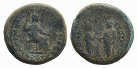 Tiberius (14-37). Lydia Sardis. Æ (19mm, 5.64g, 12h). Julius Kleon and Memnon, magistrates. Tiberius standing l., raising up kneeling Tyche of Sardis ...