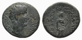 Tiberius (14-37). Phrygia, Hierapolis. Æ (17mm, 4.05g, 12h). Asklepiades, magistrate. Laureate head r. R/ Apollo standing r., playing lyre; monogram a...
