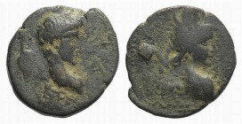 Germanicus or Nero Caesar(?). Lycaonia, Iconium. Æ (20mm, 5.48g, 3h). […]EP[…], Bare head r.; herm(?) to l., A to r. R/ EIKO[…], Bust of Perseus r. RP...