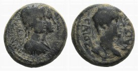 Gaius (Caligula, 37-41). Lydia, Philadelphia. Æ (16mm, 4.17g, 12h). Epikrates, magistrate. Bare head of Gaius r. R/ Jugate laureate and draped busts o...