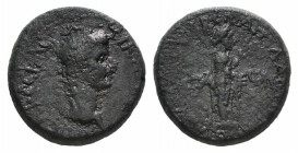 Claudius (41-54). Aeolis, Aegae. Æ (19mm, 6.07g, 12h). Apollodoros, magistrate. Laureate head r. R/ Apollo standing r., holding taenia and laurel bran...