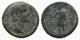 Claudius (41-54). Phrygia, Aezanis. Æ (21mm, 5.21g, 12h). Menelaos Demosthenes, magistrate. Laureate head r. R/ Zeus standing l., holding eagle and sc...