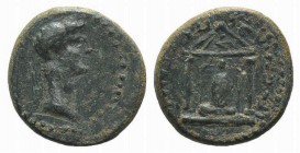 Claudius ? (41-54). Pamphylia, Perge. Æ (14mm, 2.51g, 12h). Bare head r. R/ Distyle temple enclosing cult-statue of Artemis; eagle in pediment. RPC I ...
