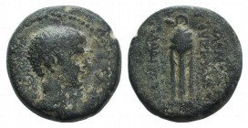 Britannicus (AD 41-55). Phrygia, Laodicea ad Lycum. Æ (15mm, 3.86g, 12h). Polemon, the son of Zeno, hiereus for the fourth time. Bare head r. R/ Tripo...