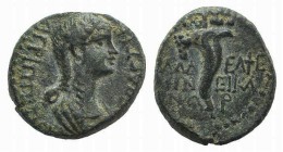 Agrippina Junior (Augusta, 50-59). Lydia, Philadelphia. Æ (13mm, 2.26g, 10h). Ti. Neikanor, magistrate, c. 54-9. Draped bust r. R/ Cornucopia. RPC I 3...