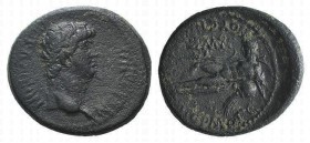 Nero (54-68). Ionia, Smyrna. Æ (20mm, 4.19g, 12h). Bare head r. R/ River god reclining l., holding reeds and cornucopia. RPC I 2483. Rare, about VF
