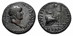 Nero with Poppaea (54-68). Lycaonia, Iconium. Æ (25mm, 10.19g, 12h). Laureate head of Nero r. R/ Poppaea seated l., holding poppy and sceptre. RPC I 3...