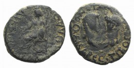 Titus and Domitian (Caesares, 69-81). Lycaonia, Laodicea Combusta. Æ (19mm, 4.35g, 6h). Confronted bare heads of Titus and Domitian. R/ Cybele seated ...