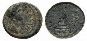 Domitia (Augusta, 82-96). Lydia, Nacrasa. Æ (16mm, 3.54g, 12h). Diademed and draped bust r. R/ Snake coiled around omphalos. RPC II 934. Rare, green p...