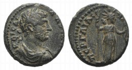 Hadrian (117-138). Pamphylia, Perge. Æ (13mm, 2.26g, 6h). Laureate and draped bust r. R/ Artemis standing r., holding arrow and bow. RPC III 2702; cf....