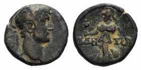 Hadrian (117-138). Pamphylia, Side. Æ (18mm, 4.14g, 12h). Laureate head r. R/ Athena advancing l., holding pomegranate and shield; serpent at feet. RP...