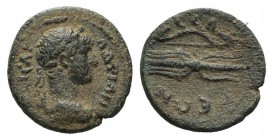 Hadrian (117-138). Pisidia, Selge. Æ (20mm, 5.07g, 6h). Laureate, draped and cuirassed bust r. R/ Bow terminating at each end in stag’s head and winge...