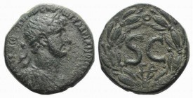 Hadrian (117-138). Seleucis and Pieria, Antioch. Æ (26mm, 14.96g, 12h). Laureate, draped and cuirassed bust r. R/ Large SC; ΓΔ below; all within laure...
