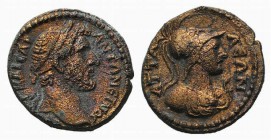 Antoninus Pius (138-161). Pamphylia, Attalia. Æ (19mm, 4.04g, 6h). Laureate head r. R/ Helmeted bust of Athena r., wearing aegis. RPC IV online 3559; ...
