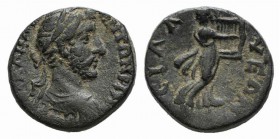Antoninus Pius (138-161). Pamphylia, Sillyum. Æ (16mm, 4.82g, 12h). […] ANTΩNEINO, Laureate, draped and cuirassed bust r. R/ CIΛΛYEΩN, Apollo advancin...