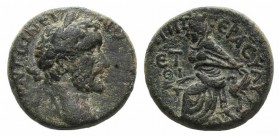 Antoninus Pius (138-161). Cappadocia, Tyana. Æ (21mm, 8.99g, 12h). Laureate head r. R/ Tyche seated l., holding ears of corn and bunch of grapes; Tych...