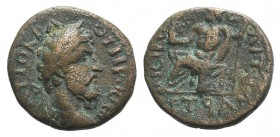 Lucius Verus (161-169). Pontus, Nicopolis ad Lycum. Æ (22mm, 7.29g, 12h). Laureate, draped and cuirassed bust r. R/ Zeus seated l., holding nike and s...