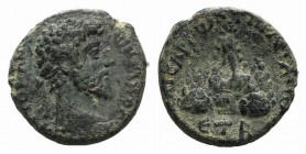 Lucius Verus (161-169). Cappadocia, Caesarea. Æ (21.5mm, 6.69g, 12h), year 5 (AD 165). Laureate, draped and cuirassed bust r. R/ Mt. Argaeus culminati...