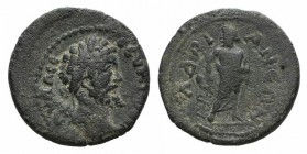 Septimius Severus (193-211). Mysia, Hadrianeia. Æ (19mm, 3.22g, 12h). Laureate head r. R/ Asklepios standing facing, head l., leaning on serpent-entwi...