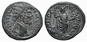 Septimius Severus (193-211). Pisidia, Antioch. Æ (23mm, 5.69g, 6h). Radiate head r. R/ Mên standing r., holding sceptre and crowning Nike; to l., cock...
