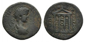 Caracalla (198-217). Pontus, Neocaesarea. Æ (30mm, 13.53g, 12h). Radiate, draped and cuirassed bust r. R/ Tetrastyle temple of with interior wall visi...
