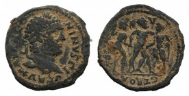 Caracalla (198-217). Troas, Alexandria. Æ (24mm, 5.22g, 6h). Laureate head r. R/ Drunken Herakles supported by three satyrs. Bellinger A299. Fine