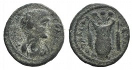 Geta ? (Caesar, 198-209). Aeolis, Elaea. Æ (19mm, 3.54g, 12h). Bare-headed and draped bust r. R/ Basket containing poppy heads and corn ears. SNG Cope...