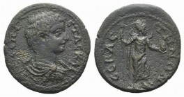 Geta (Caesar, 198-209). Phrygia, Hadrianopolis-Sebaste. Æ (27mm, 9.22g, 6h). Bareheaded, draped and cuirassed bust r. R/ Mên standing r., foot on bucr...