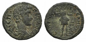 Geta (Caesar, 198-209). Lydia, Hermocapelia. Æ (21mm, 3.62g, 6h). A CEΠ ΓETAC KA, Bareheaded, draped and cuirassed bust r. R/ EΠI TPYΦ[…]O EPMOKΠHΛ, A...