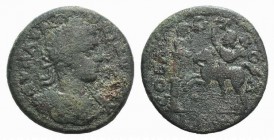 Elagabalus (218-222). Troas, Alexandria. Æ (23mm, 7.79g, 6h). Laureate and cuirassed bust r. R/ The emperor on horseback l., saluting statue of Apollo...