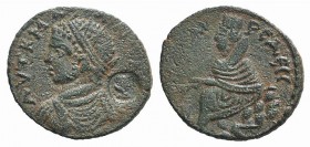 Elagabalus (218-222). Mesopotamia, Edessa. Æ (26mm, 8.50g, 12h). Radiate, draped and cuirassed bust l.; c/m: head of Tyche r. within circular punch. R...
