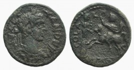Severus Alexander (222-235). Troas, Alexandria Troas. Æ (24mm, 7.92g, 1h). Laureate head r. R/ The emperor on horseback l., saluting statue of Apollo ...