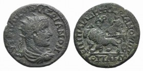 Valerian I (253-260). Phrygia, Cotiaeum. Æ (24mm, 7.09g, 1h). P. Aelius Demetrius, archon. Radiate, draped and cuirassed bust r. R/ Cybele seated l. o...