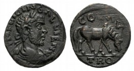 Gallienus (253-268). Troas, Alexandria. Æ (20mm, 5.97g, 6h). Laureate, draped and cuirassed bust r. R/ She-wolf standing r., suckling Twins. Bellinger...