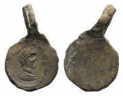 Gallienus (253-268). Mysia or Troas(?). PB Seal with suspension loop (28mm, 7.00g). Laureate, draped and cuirassed bust r. R/ Large M and traces of le...