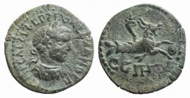 Valerian II (Caesar, 256-258). Mysia, Parium. Æ (24mm, 5.92g, 7h). Laureate, draped and cuirassed bust r. R/ Capricorn r., with globe between hooves a...