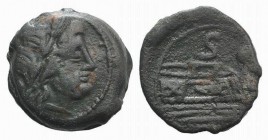 Anonymous, after 211 BC. Æ Semis (21mm, 8.51g, 9h). Laureate head of Saturn r. R/ Prow of galley r. Crawford 56/3; RBW 203-4. Near VF