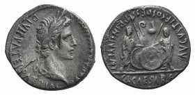 Augustus (27 BC-AD 14). AR Denarius (19mm, 3.50g, 11h). Lugdunum, 2 BC-AD 12. Laureate head r. R/ Caius and Lucius Caesars standing facing, holding sh...