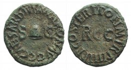 Gaius (Caligula, 37-41). Æ Quadrans (17mm, 2.29g, 12h). Rome, 40-1. Pileus between S-C. R/ Large RCC. RIC I 52. VF