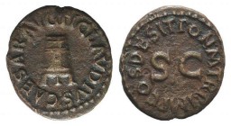Claudius (41-54). Æ Quadrans (17mm, 2.75g, 6h). Rome, AD 41. Modius. R/ SC; around legend. RIC I 84. Good VF