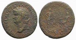 Nero (54-68). Æ Sestertius (35mm, 25.72g, 6h). Lugdunum, c. AD 65. Laureate head l. R/ Annona standing r., holding cornucopia, facing Ceres seated l.,...