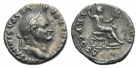 Vespasian (69-79). AR Denarius (17mm, 2.90g, 6h). Rome, AD 74. Laureate head r. R/ Vespasian seated r., holding branch and sceptre. RIC II 702; RSC 36...
